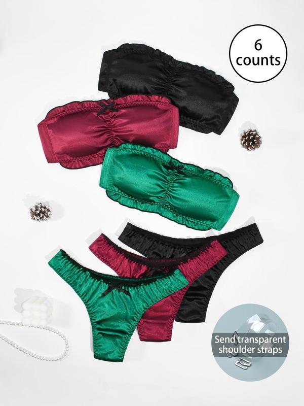 Women's Solid Color Ruched Bow Front Bandeau Bra & Elastic Waist Panty Set, Casual Comfy Breathable Underwear Set for Beach Party Vacation, Ladies Underwear for All Seasons