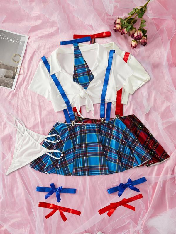  Tartan Print Crop Top & Thong & Bow Tie & Overall Dress & Thigh Ring Set, Sexy Adjustable Strap Lapel Neck Tie Front Lingerie Set, Women's Underwear Set