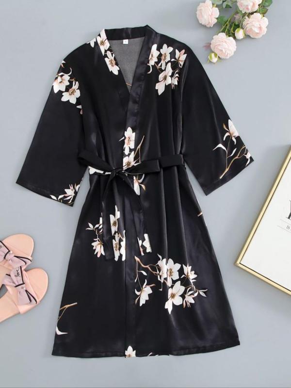 Women's Floral Print Belted Satin Lounge Robe, Casual 3 4 Sleeve V Neck Dressing Gown, Ladies Sleepwear for All Seasons