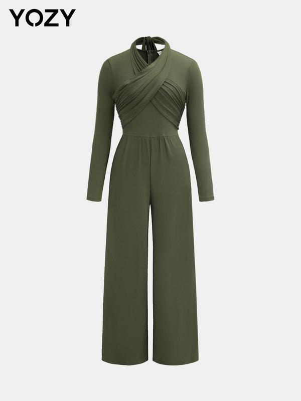 YOZY Women's Plain Criss Cross Tie Back Ruched Wide Leg Jumpsuit, Elegant Zipper Back Long Sleeve Jumpsuit for Party Holiday Wedding Guest, Ladies Fall & Winter Clothes