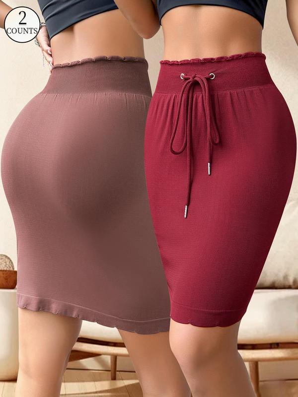 Women's Frill Trim Drawstring Waist Shapewear Skort, Casual Comfy High Waist 2 in 1 Shapewear Skirt for Daily Wear, Ladies Shapewear Bottoms for All Seasons