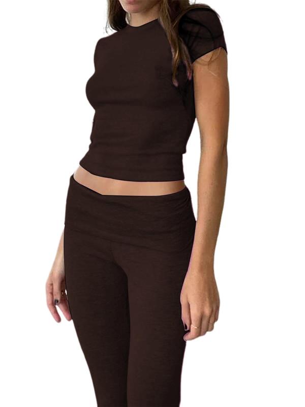 Women's Solid Round Neck Tee & Flare Leg Pants Loungewear Two-piece Set, Casual Comfy Short Sleeve T-shirt & Bell Bottom Trousers PJ Set, Ladies Sleepwear for Spring & Fall