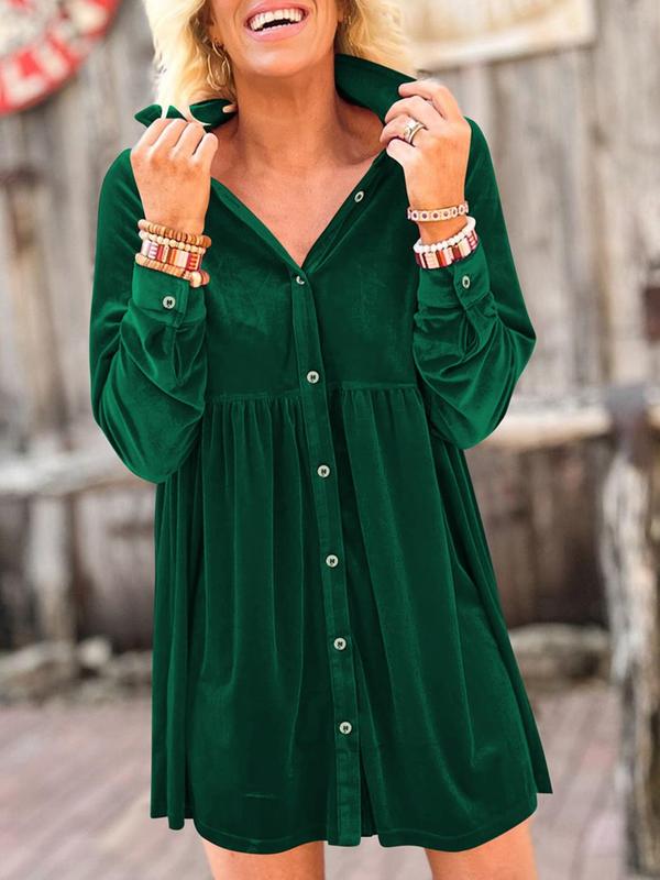 Women's Plain Button Front Collar Velvet Shirt Dress, Casual Long Sleeve Short Dress for Spring & Fall, Women's Casual Wear Clothes for Daily