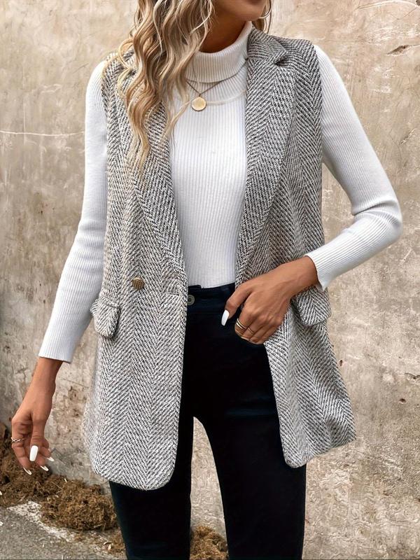 Women's All Over Print Button Front Lapel Vest Blazer, Casual Sleeveless Suit Vest for Fall & Winter, Women's Clothing for Daily Wear