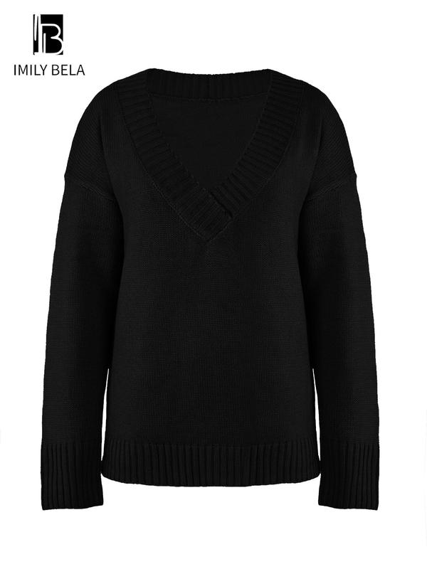 Basic Plain Wrap Drop Shoulder Sweater, Lady Minimalist Casual Comfort Long Sleeve V Neck Jumper Tops for Fall & Winter, Womenswear, Knitwear for Daily Life, Fall Clothing Women, Sweaters for Women, Winter Clothes Women