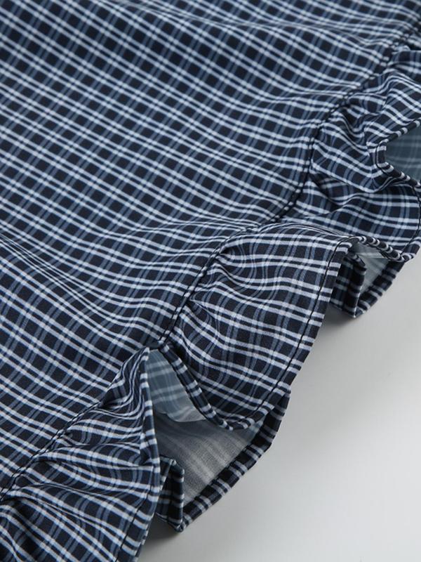 Women's Plaid Print Contrast Lace Fake Buttons Ruffle Hem Tank Top, Street Fashion Casual 2 in 1 Tank Top for Daily Outdoor Wear, Ladies Clothes for Summer