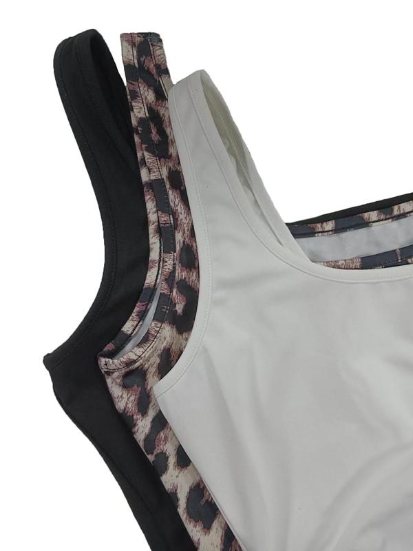 Women's Solid   Leopard Print Square Neck Tank Top, Casual Sleeveless Top for Daily Wear, Ladies Clothes for All Seasons