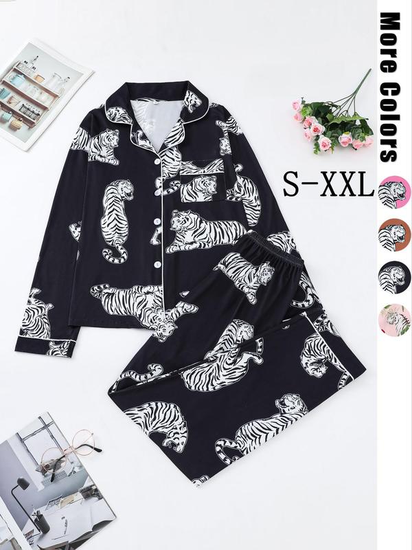 Women's All Over Tiger Print Lapel Pocket Blouse & Elastic Waist Pants Pyjama Two-Piece Set, Casual Comfy Long Sleeve Button Front Top & Trousers PJ Set, Ladies Sleepwear for Spring & Fall