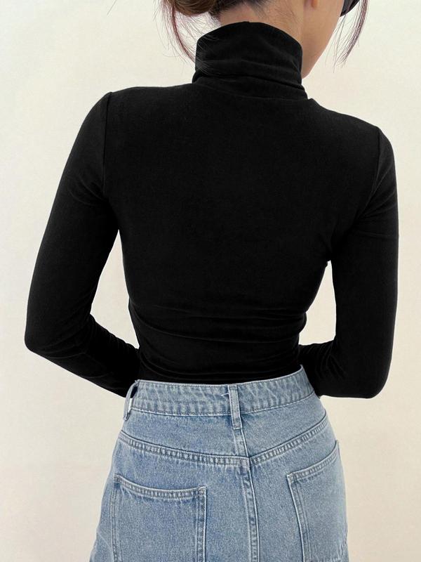 Women's Plain Thermal Lined High Neck Tee, Casual Long Sleeve T-shirt for Fall & Winter, Women's Clothing for Daily Wear