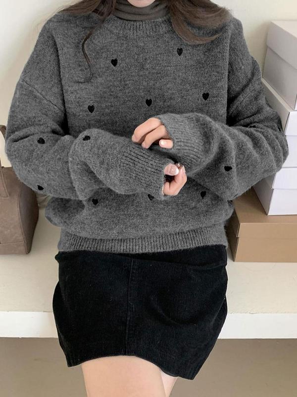 Women's Heart Embroidery Drop Shoulder Sweater, Casual Long Sleeve Round Neck Jumper for Fall & Winter, Fashion Ladies' Knitwear for Daily Wear