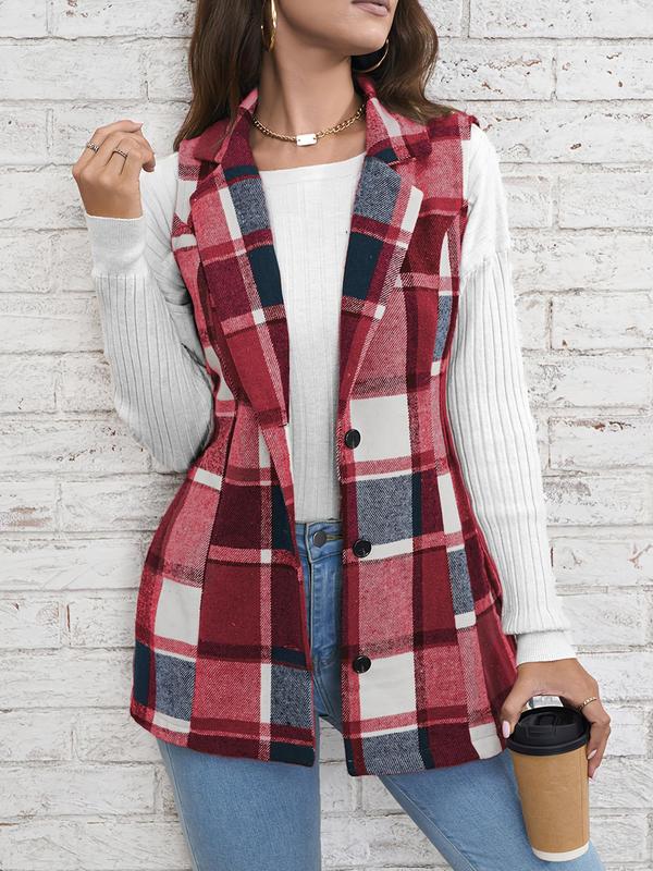 Women's Plaid Print Button Front Vest Blazer, Casual Pocket Lapel Sleeveless Outerwear for Spring & Fall, Ladies Clothes for Daily Wear