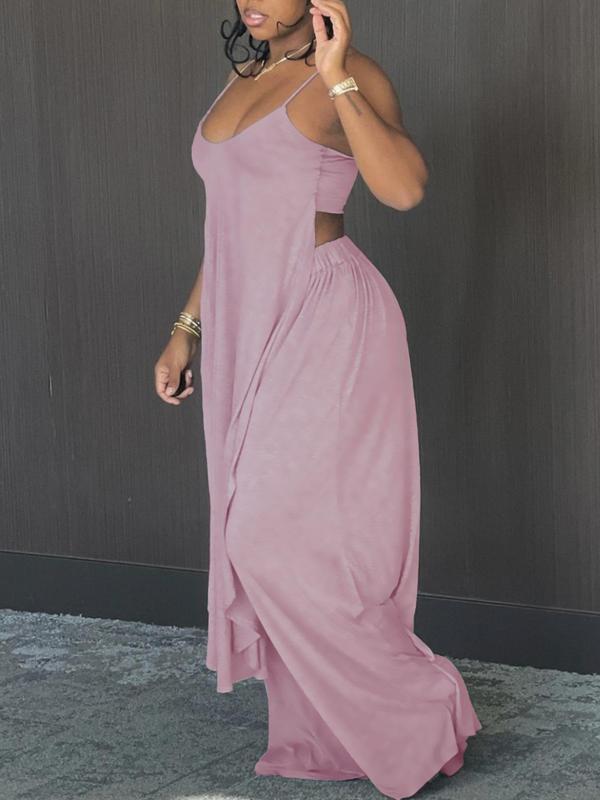 Women's Solid High Low Cami Top & Wide Leg Pants Lounge Set, Basic Casual Top & Elastic Waist Trousers Pajama Set, Summer Clothes, Lady Homewear