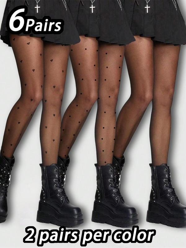 Women's Heart Swiss Dot Print Contrast Mesh Tights, Casual Comfy Breathable High Stretch Stockings for Daily Wear, Ladies Socks for All Seasons