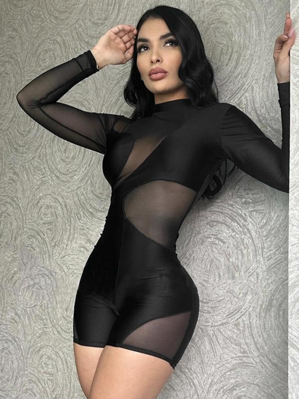 Women's Contrast Mesh Sheer Mock Neck Skinny Romper, Fashion Long Sleeve Tulle Romper for Daily Wear, Ladies Clothes for All Seasons