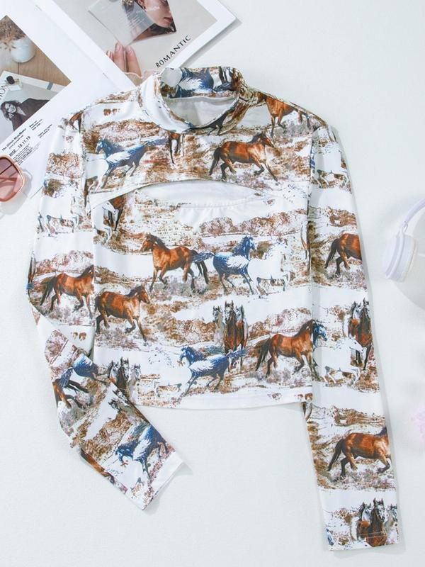 Women's Horse Print Cut Out Mock Neck Tee, Casual Long Sleeve Crop T-Shirt for Spring & Fall, Women's Top for Daily Wear Longsleeves