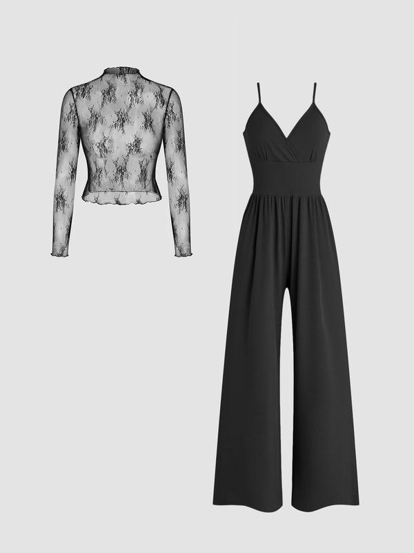 Two-piece Set Women's Solid Color Lettuce Trim Mock Neck Sheer Lace Top & Pocket Wide Leg Cami Jumpsuit, Elegant Fashion Casual Two Piece Outfits for Daily Outdoor Wear, Women Clothes for Spring Fall