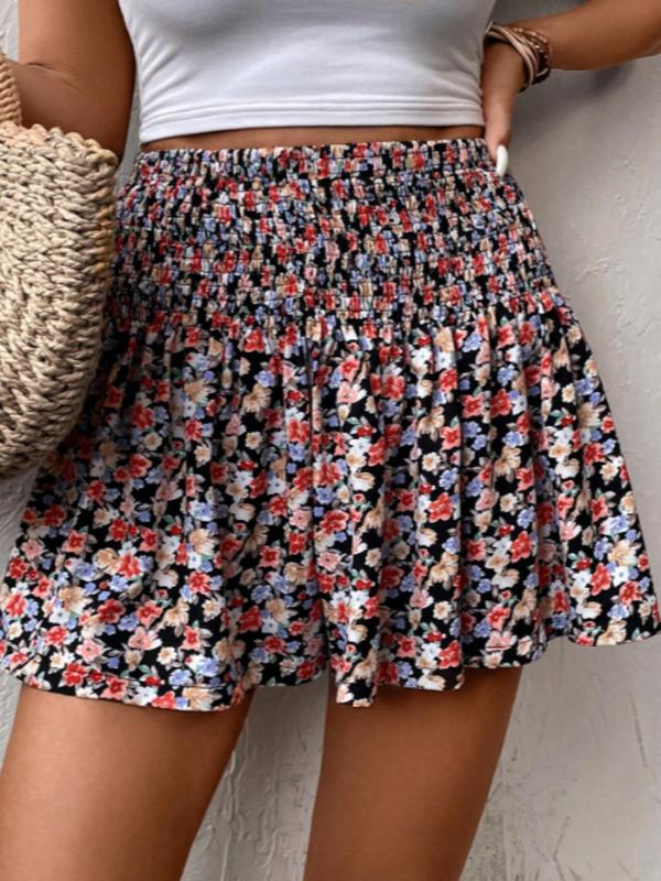Women's Ditsy Floral Print Shirred Wide Leg Vintage Shorts, Boho Casual High Waist Shorts, Back To School Outfits, Summer Shorts, Shorts for Women, Women's Bottoms for Summer