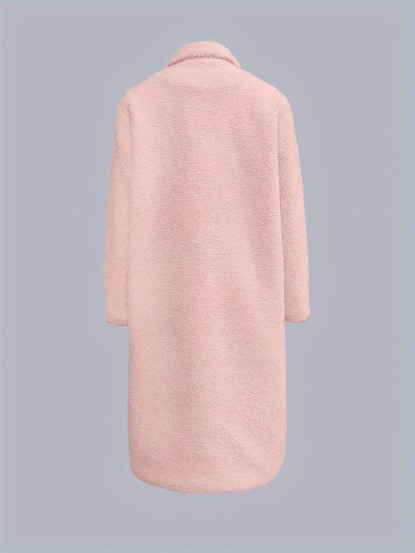Women's Solid Color Button Front Lapel Neck Plush Coat, Elegant Pocket Long Sleeve Fuzzy Outerwear for Fall & Winter, Women's Clothing for Daily Wear