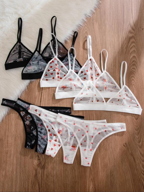 Women's Floral & Heart Print Contrast Mesh Sexy Lingerie Set, Adjustable Strap Triangle Bra & Panty Set, Soft Comfy Breathable Underwear Set for Women