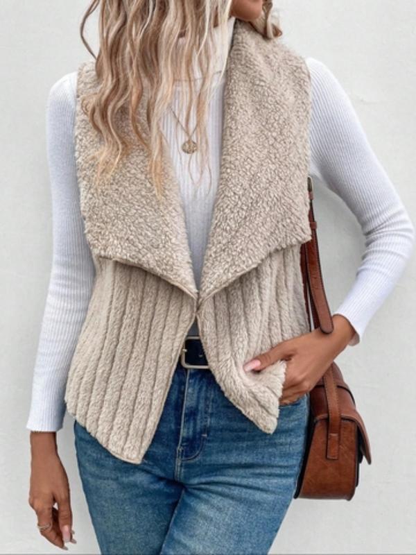 Women's Solid Color Waterfall Collar Open Front Vest Coat, Casual Sleeveless Plush Outerwear for Daily Wear, Ladies Clothes for All Seasons