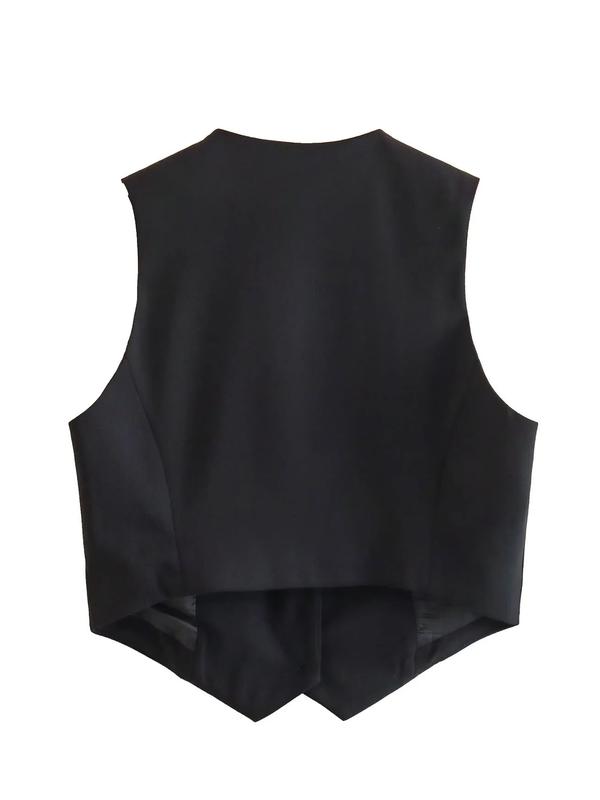 Women's Solid Button Front Pocket V Neck Crop Waistcoat, Lady Minimalist Comfort Short Vest Jacket for Summer Spring Fall, Womenswear Tops, Vest Blazer Women, Elegance Tops