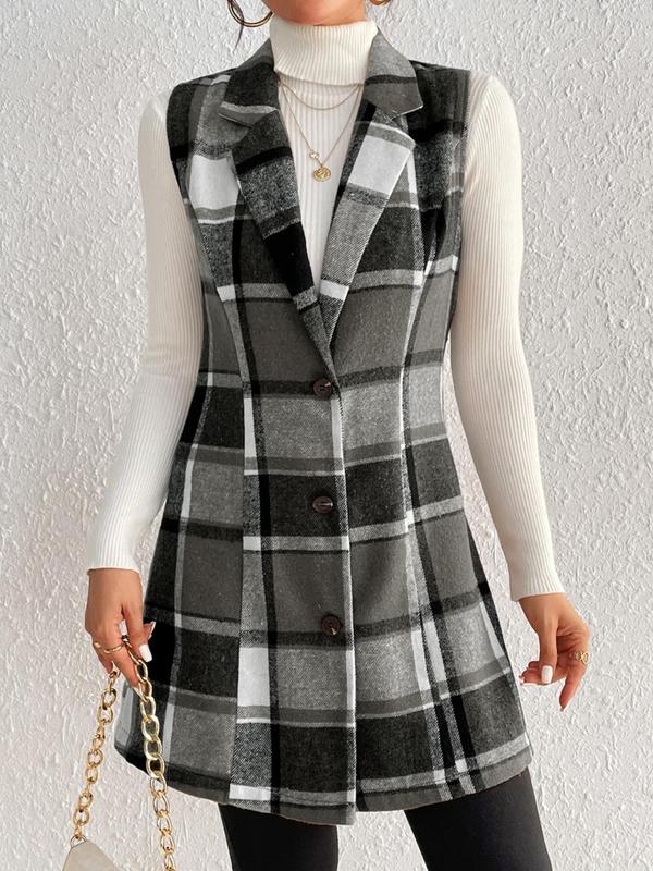 Women's Plaid Print Button Front Lapel Vest Blazer without Sweater, Casual Sleeveless Outerwear for Spring & Fall, Ladies Clothes for Daily Wear