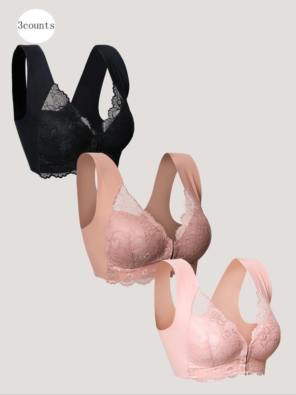 Women's Solid Color Contrast Lace Wireless Bra, Soft Comfy Breathable Push Up Bra, Lingerie for All Seasons