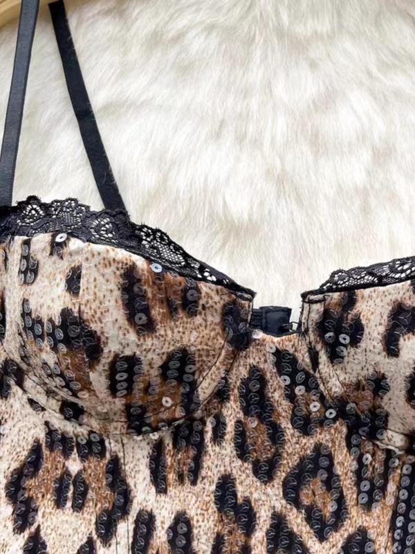 Women's Leopard Print Glitter Sequin Crop Cami Top, Sexy Fashion Adjustable Strap Contrast Lace Camisole for Party Club, Ladies Clothes for All Seasons