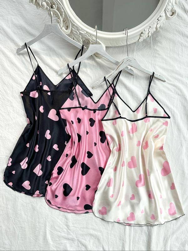 Women's Heart Print Contrast Binding Cami Nightdress, Casual Soft Comfortable Adjustable Spaghetti Strap Nightgown, Dresses for Women, Ladies Sleepwear for All Seasons