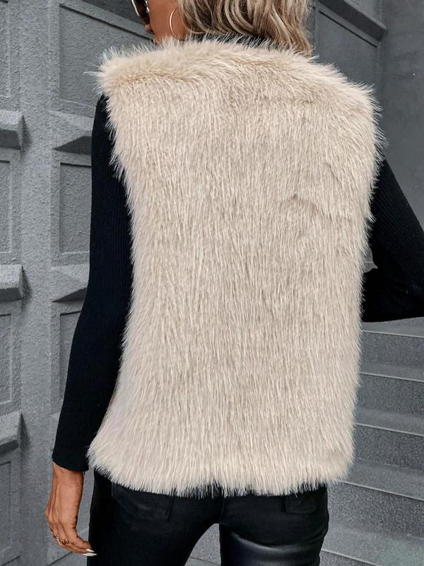 Women's Solid Color Faux Fur Vest Jacket, Elegant Fashion Sleeveless Open Front Outerwear for Daily Outdoor Wear, Women Clothing for Fall & Winter