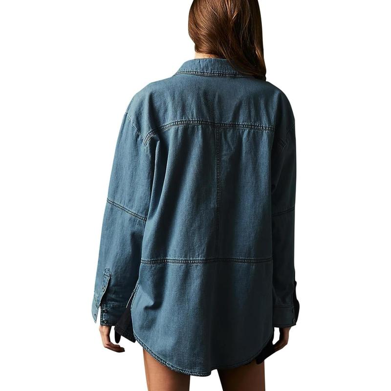Fisoew S To 2XL Women's Denim Pullover Casual Button V Neck Blouse Loose Fit Long Sleeve Jean Jacket With Pocket Casual Long Sleeve Pocket Jacket