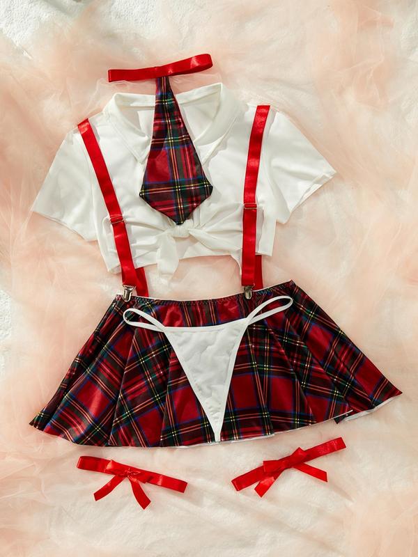  Tartan Print Crop Top & Thong & Bow Tie & Overall Dress & Thigh Ring Set, Sexy Adjustable Strap Lapel Neck Tie Front Lingerie Set, Women's Underwear Set