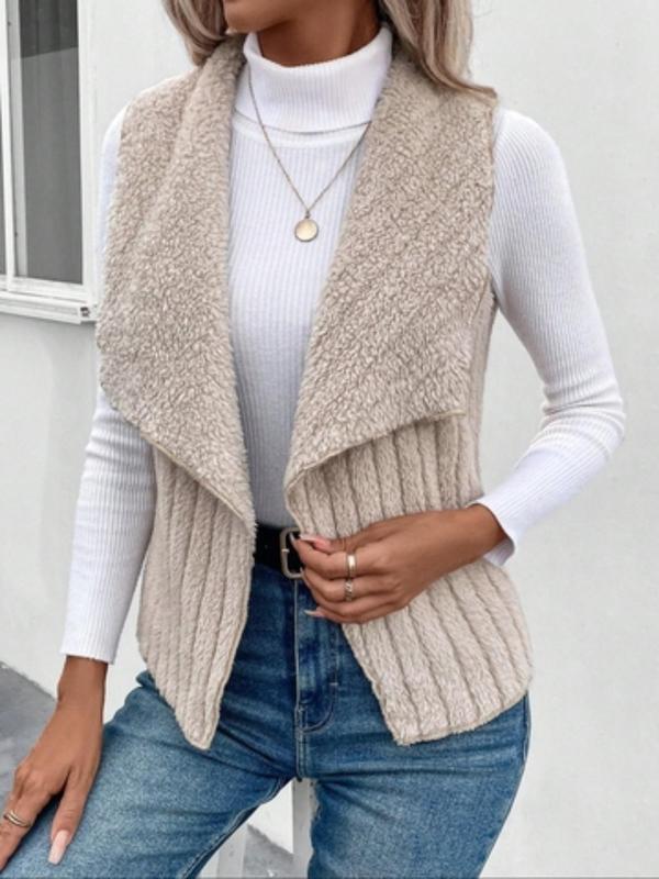 Women's Solid Color Waterfall Collar Open Front Vest Coat, Casual Sleeveless Plush Outerwear for Daily Wear, Ladies Clothes for All Seasons