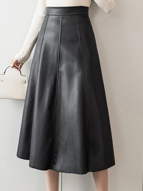 Women's Solid  Pu Leather Skirt, Fashion Casual A Line Midi Skirt for Daily Outdoor Wear, Women's Bottoms for Fall & Winter