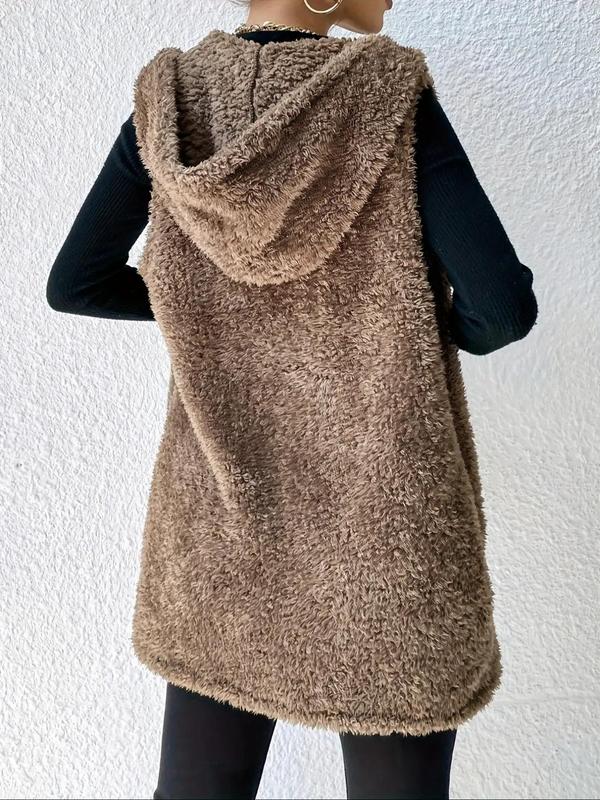 Women's Solid Pocket Hooded Fuzzy Vest Coat, Casual Sleeveless Open Front Outerwear for Daily Wear, Ladies Clothes for All Seasons