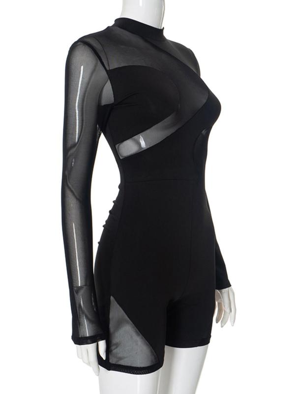 Women's Contrast Mesh Sheer Mock Neck Skinny Romper, Fashion Long Sleeve Tulle Romper for Daily Wear, Ladies Clothes for All Seasons