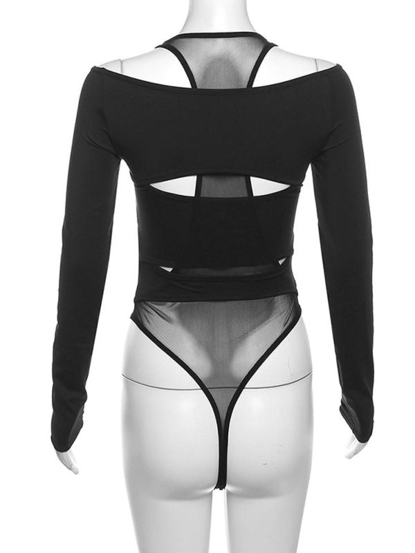 Women's Cut Out Sheer Tulle Bodysuit, Fashion Long Sleeve Bodysuit for Nightclub Music Festival, Women's Clothing for Fall