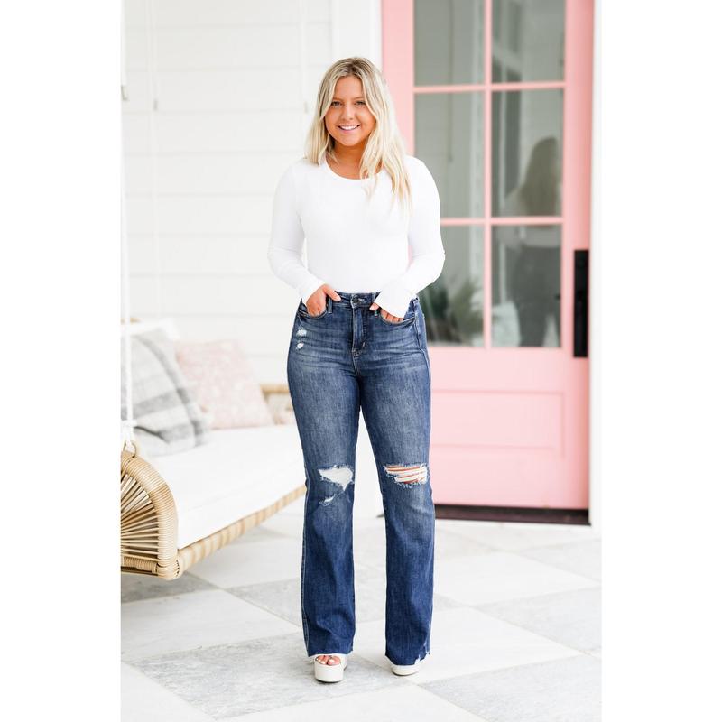 Judy Blue Shake it Off Dark Wash High Rise Tummy Control Destroyed Knee Raw Hem Flare Jeans