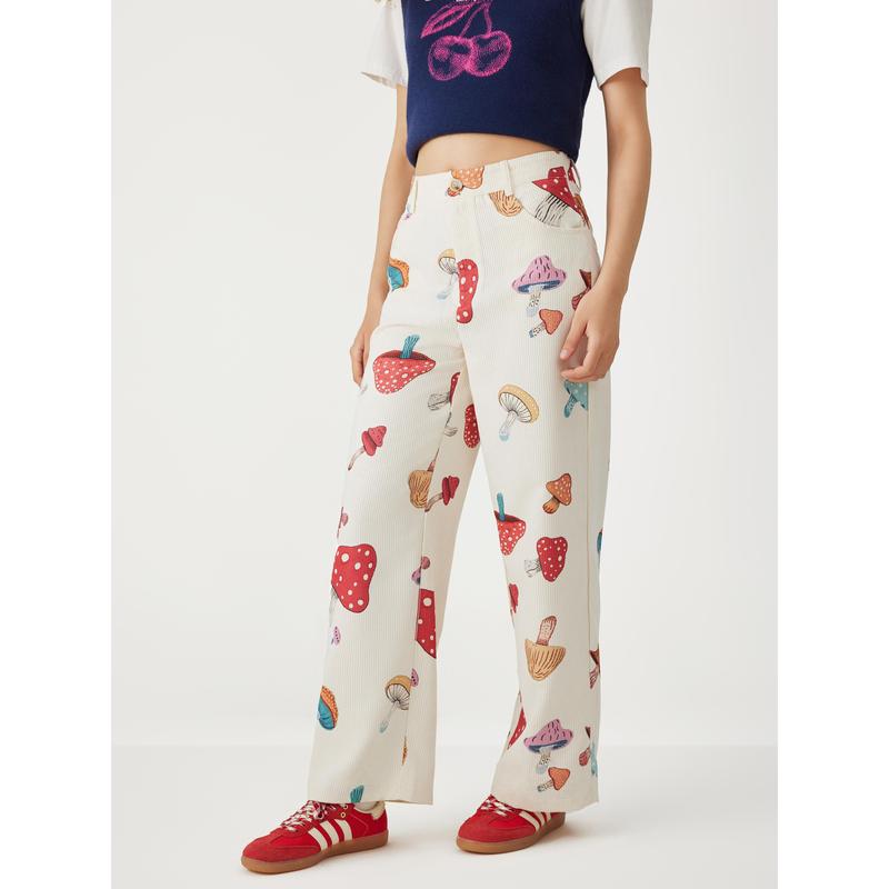 Cider [1 colors, Size 0-26] Corduroy Mid Waist Mushroom Pocket Wide Leg Trousers