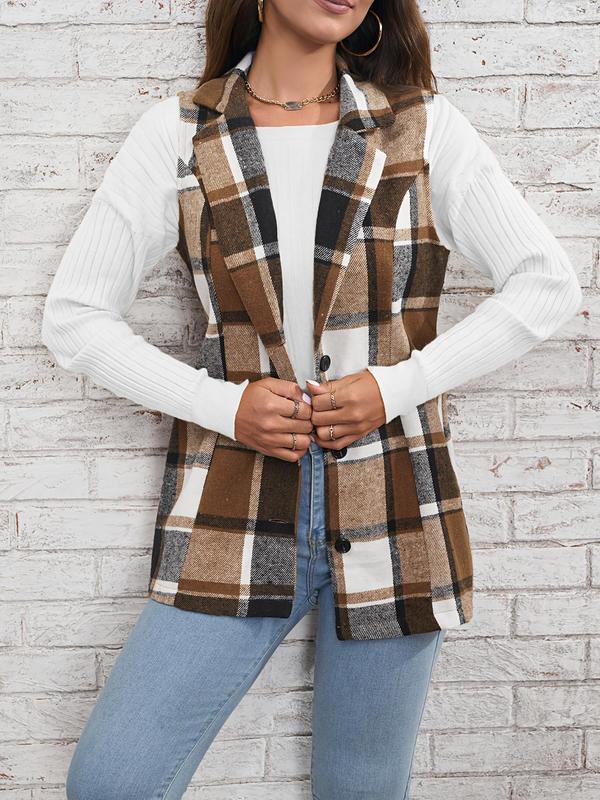Women's Plaid Print Button Front Vest Blazer, Casual Pocket Lapel Sleeveless Outerwear for Spring & Fall, Ladies Clothes for Daily Wear