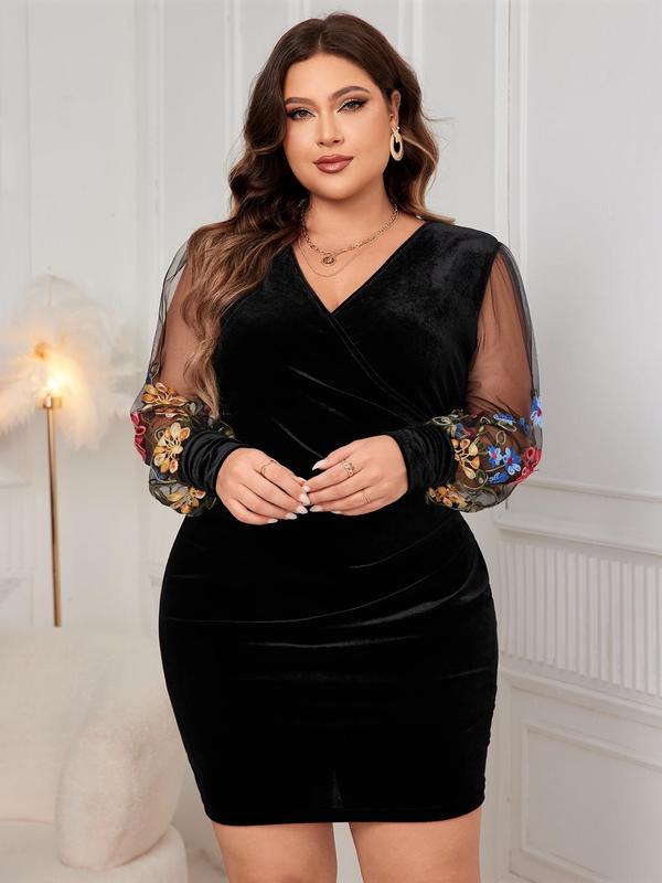  Floral Embroidery Sheer Ruched Wrap Velvet Dress, Elegant Bishop Sleeve V Neck Bodycon Dress for Party Holiday Wedding Guest, Birthday Dresses 2024, Women's Clothes for Fall & Winter
