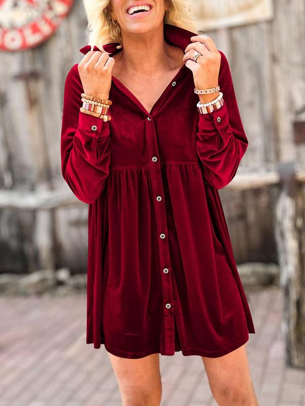 Women's Plain Button Front Collar Velvet Shirt Dress, Casual Long Sleeve Short Dress for Spring & Fall, Women's Casual Wear Clothes for Daily