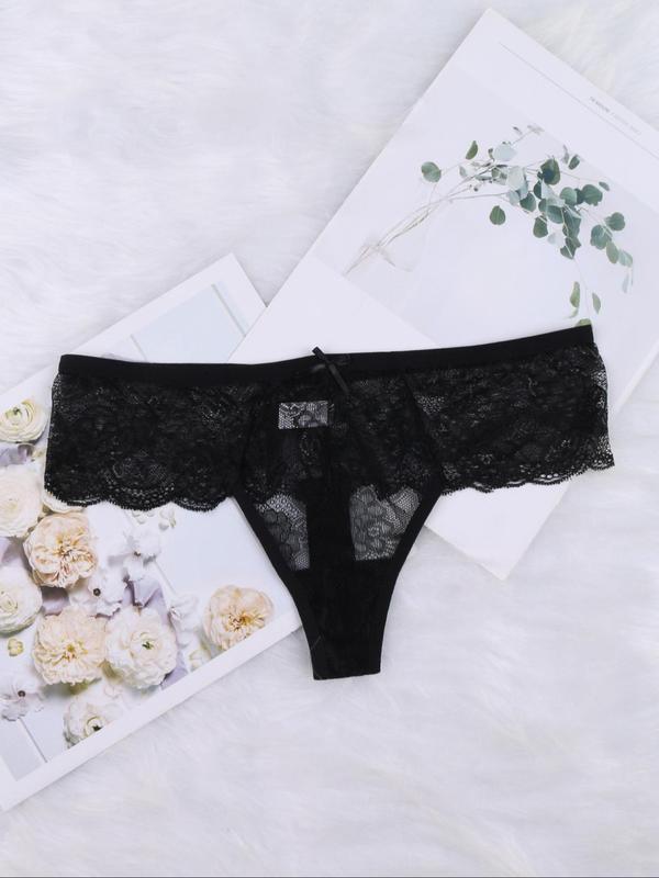 Women's 6pcs Floral Lace Bow Decor Sheer Thongs, Soft Comfy Breathable Knickers for Daily Wear, Ladies Underwear for All Seasons