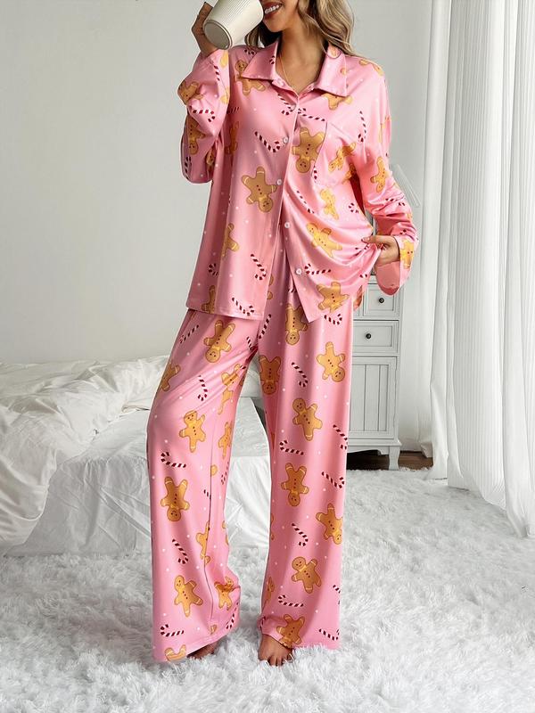Two-Piece Set Women's Cherry Print Button Front Shirt & Pants Pyjama, Casual Comfy Drop Shoulder Long Sleeve Top & Trousers PJ Set, Ladies Sleepwear for All Seasons