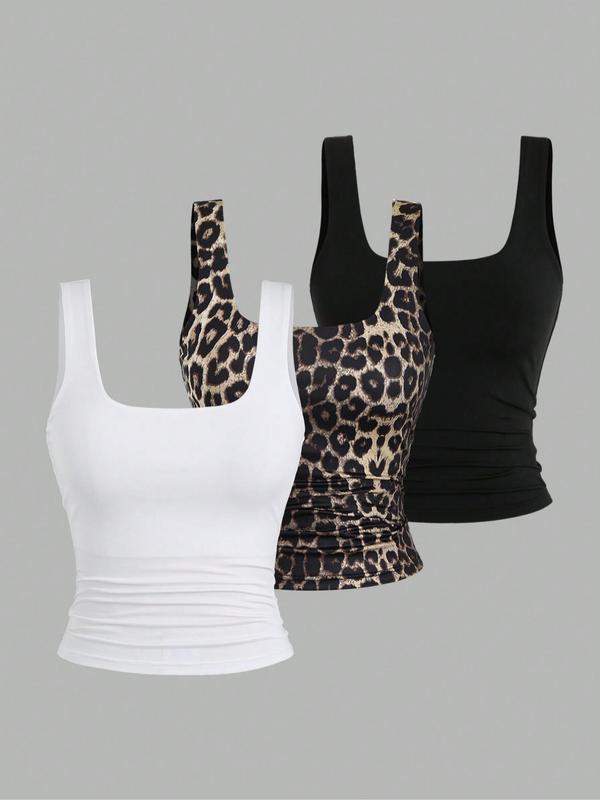 Women's Solid   Leopard Print Square Neck Tank Top, Casual Sleeveless Top for Daily Wear, Ladies Clothes for All Seasons