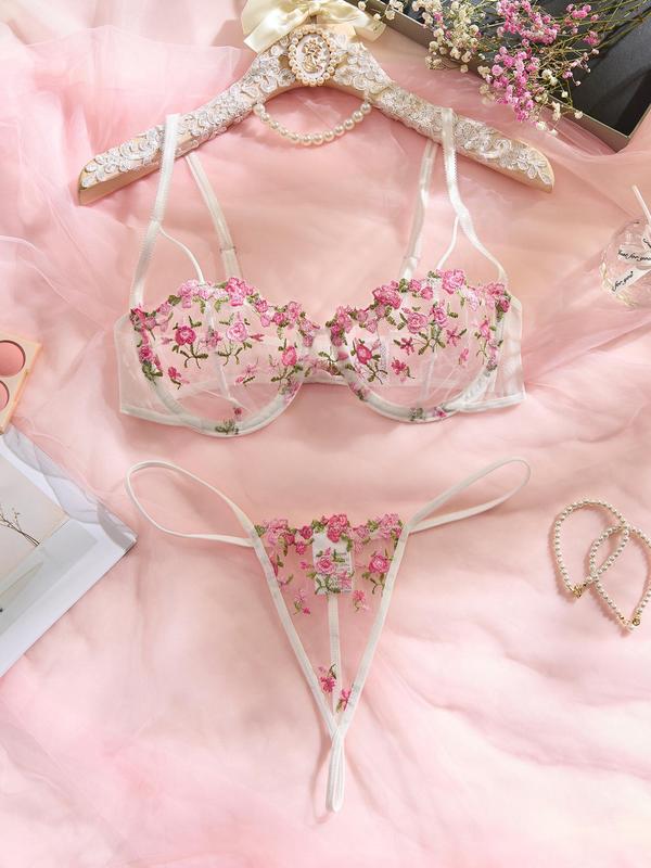 Women's Floral Embroidery Mesh Sexy Lingerie Set, Adjustable Strap Bra & Sheer Thong Set for All Seasons, Fashion Comfy Women's Sexy Lingerie Set for Daily Wear