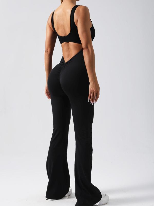 Women's Ruched Cut Out Backless Flare Leg Jumpsuit, Solid Scoop Neck Sleeveless Butt Lifting Bodycon Jumpsuit, Tummy Control Shaper for Daily Wear