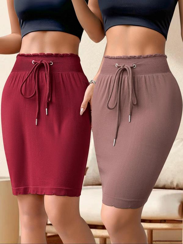 Women's Frill Trim Drawstring Waist Shapewear Skort, Casual Comfy High Waist 2 in 1 Shapewear Skirt for Daily Wear, Ladies Shapewear Bottoms for All Seasons