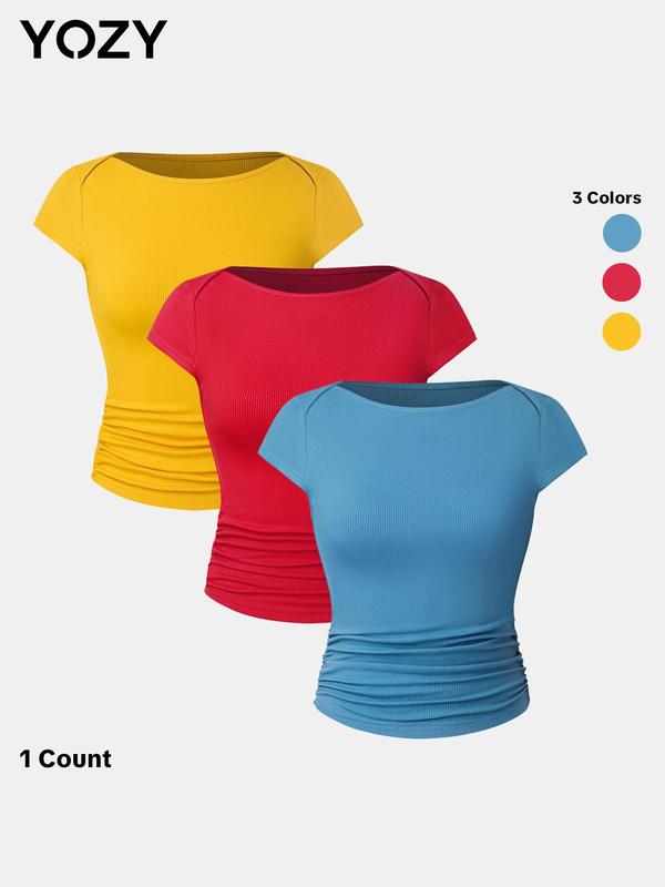 YOZY [Size 4-14] Plain Ruched Ribbed Boat Neck Tee  Casual Cap Sleeve T-Shirt, 2024 Women's All Seasons Outfits for Daily Outdoor Wear, [S-XXL]