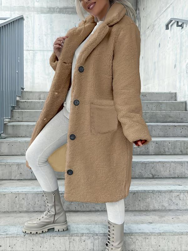 Women's Solid Color Button Front Lapel Neck Plush Coat, Elegant Pocket Long Sleeve Fuzzy Outerwear for Fall & Winter, Women's Clothing for Daily Wear